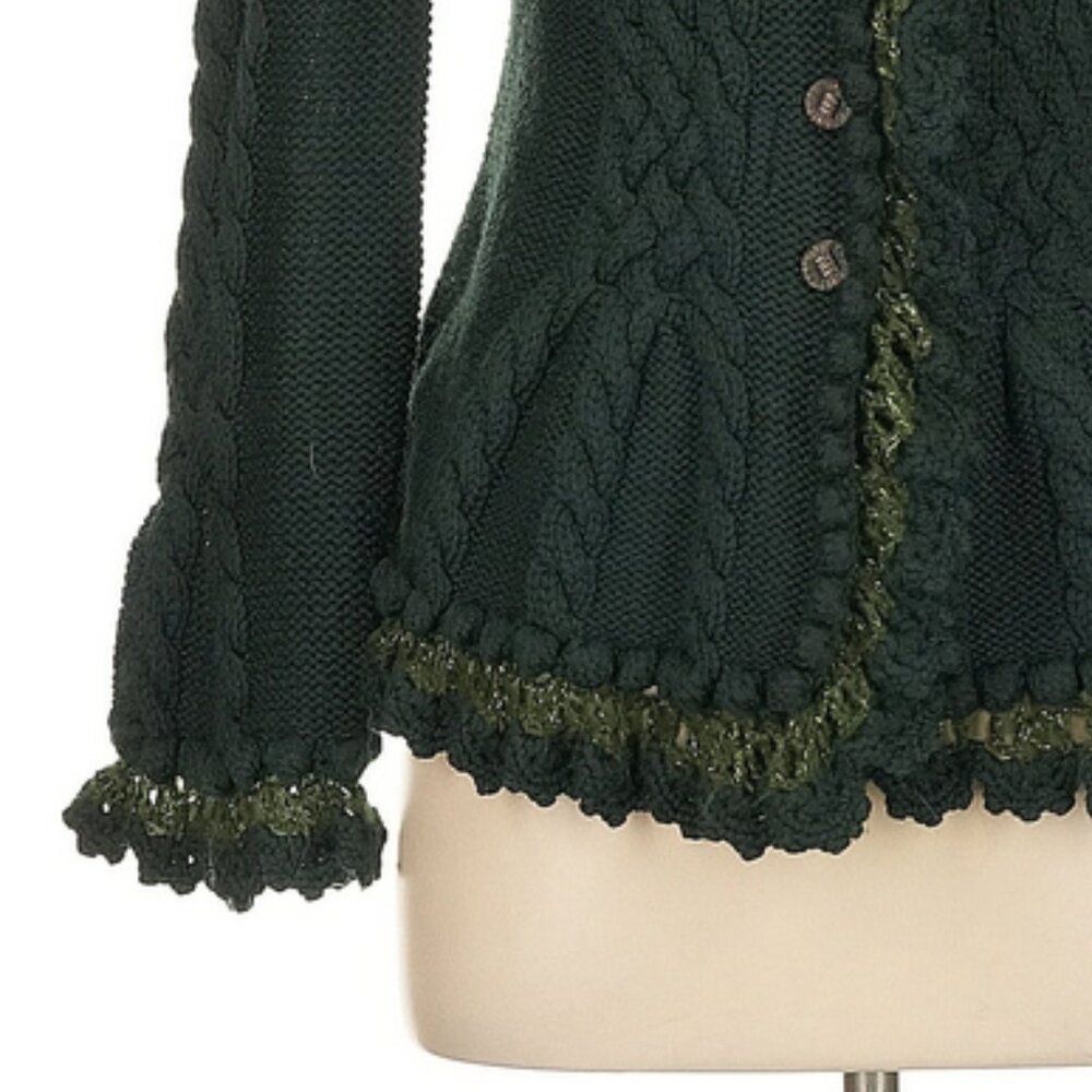 🌿 Carlisle Forest Green Merino Wool Fairycore Cardigan | Knit Flower Appliqué S - Picture 4 of 13
